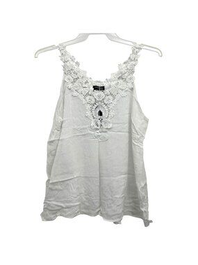 Angela Plus Womens White Lace Trim Tank Top 1XL Rayon Sleeveless Blouse Crochet